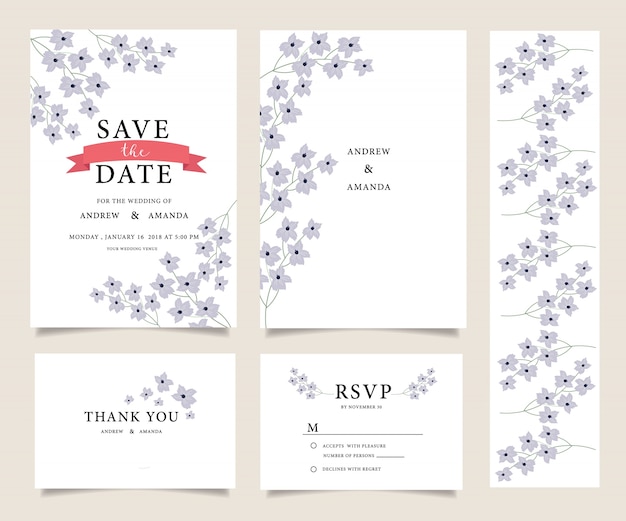 Suite de tarjeta de invitación de boda con fondo de flor