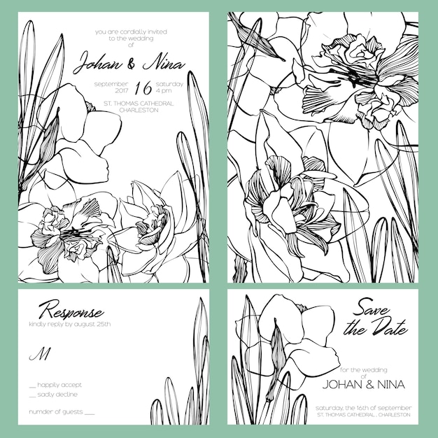 Suite de tarjetas de invitación de boda con románticas flores de narciso blanco y negro