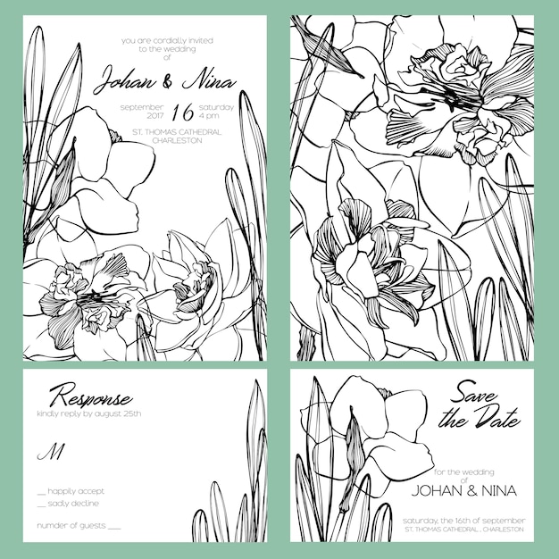 Vector suite de tarjetas de invitación de boda con románticas flores de narciso blanco y negro