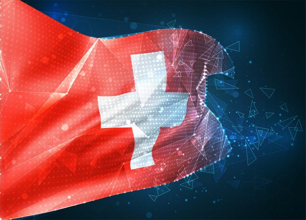 Suiza, bandera de vector, objeto virtual abstracto 3D de polígonos triangulares sobre un fondo azul