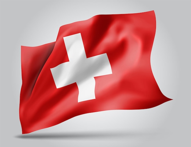 Suiza, bandera vectorial con olas y curvas ondeando en el viento sobre un fondo blanco.