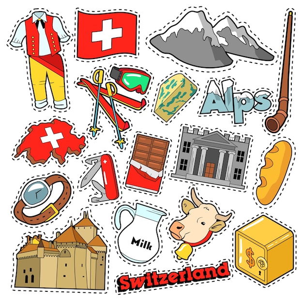 Suiza Travel Scrapbook pegatinas, parches, insignias para impresiones con Alpes, dinero y elementos suizos. Doodle de estilo cómico