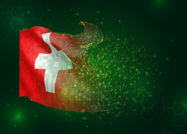 Suiza en vector 3d bandera sobre fondo verde con polígonos y números de datos