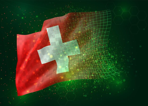 Suiza, en vector bandera 3d sobre fondo verde con polígonos y números de datos