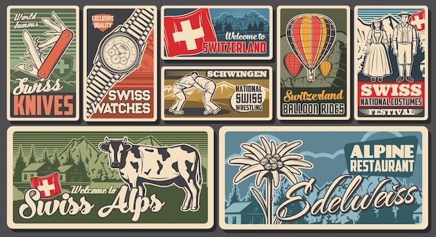 Vector suiza viajes monumentos suizos carteles retro