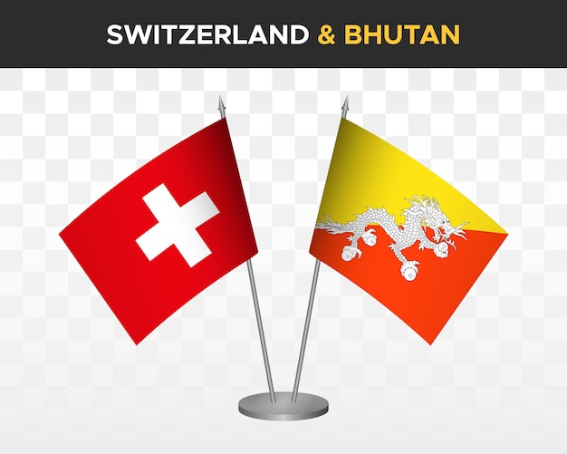 Suiza vs Bután escritorio banderas maqueta aislado 3d vector ilustración bandera de mesa suiza