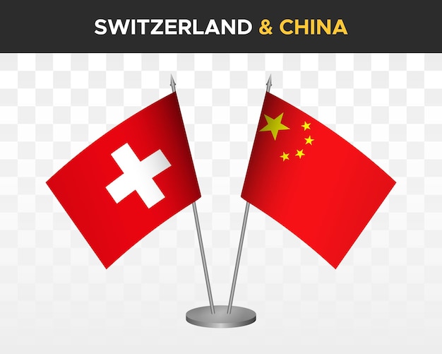 Suiza vs china escritorio banderas maqueta aislado 3d vector ilustración bandera de mesa suiza