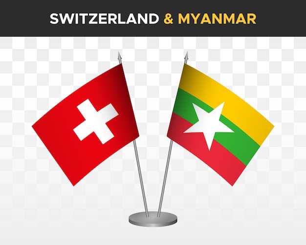 Suiza vs myanmar burma escritorio banderas maqueta aislado 3d vector ilustración bandera de mesa suiza