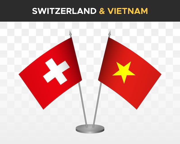 Suiza vs vietnam escritorio banderas maqueta aislado 3d vector ilustración bandera de mesa suiza