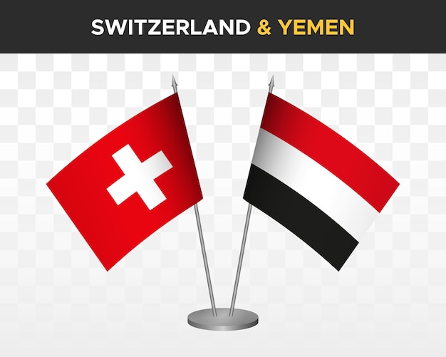 Suiza vs yemen escritorio banderas maqueta aislado 3d vector ilustración bandera de mesa suiza