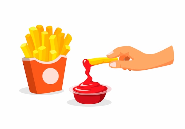 Sumerja a mano las papas fritas en salsa de tomate. Símbolo de menú de comida rápida de papa merienda en la ilustración de dibujos animados
