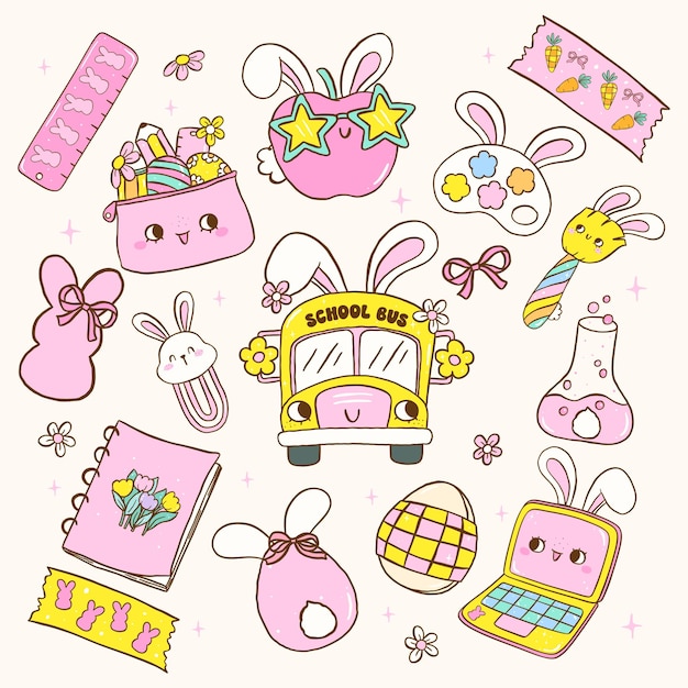 Suministro escolar retrópaste con tema de Pascua Colección de dibujos animados Groovy Coquette