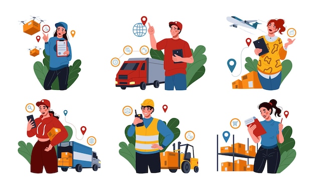 Suministro exportación Servicio de entrega Comercio de negocios Seguimiento de importación Gente en el almacén global Transporte de carga Logística internacional Distribución de mercancías Concepto ordenado de vectores