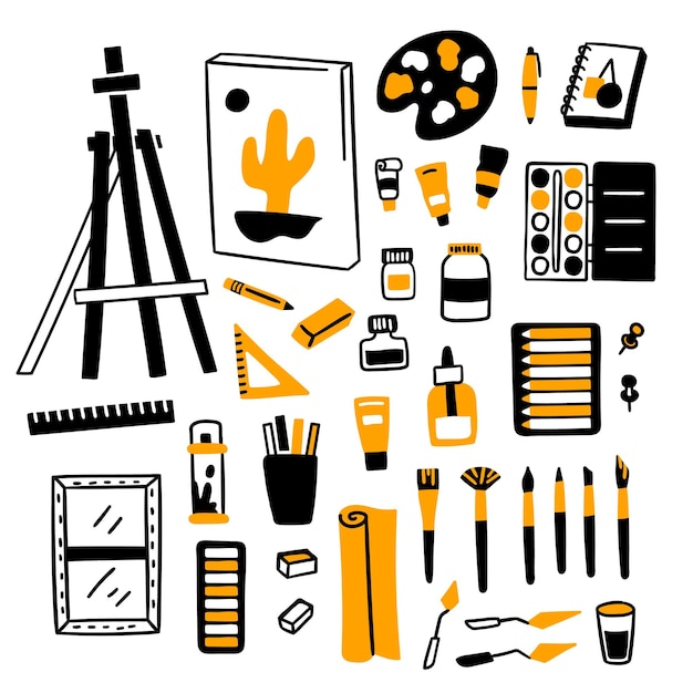 Suministros de arte de dibujos animados Vector de conjunto de elementos