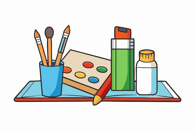 Suministros de arte Pinceles de pintura y cuadernos de bocetos Ilustración vectorial Clipart de dibujos animados y arte de líneas