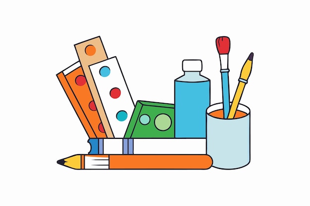 Suministros de arte Pinceles de pintura y cuadernos de bocetos Ilustración vectorial Clipart de dibujos animados y arte de líneas