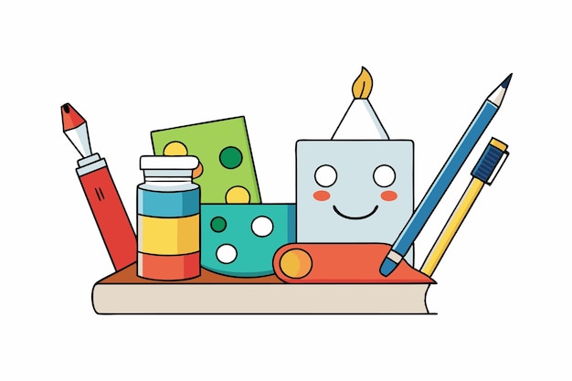Suministros de arte Pinceles de pintura y cuadernos de bocetos Ilustración vectorial Clipart de dibujos animados y arte de líneas