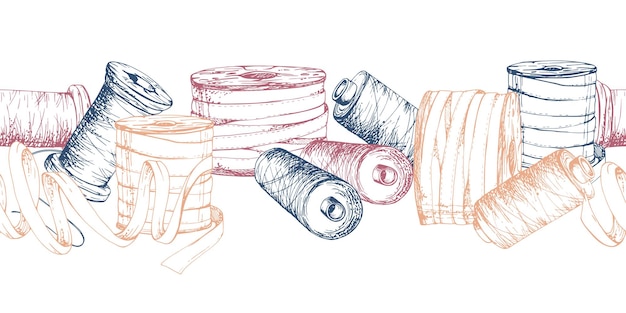 Suministros de artesanía de costura, bordado, cinta, hilo de encaje, hilo de hilo, bobinas, carretes, vectores de tinta dibujados a mano