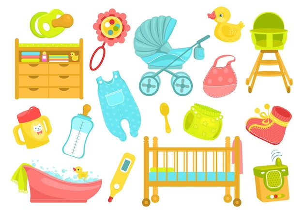 Suministros para bebés de dibujos animados Accesorios para recién nacidos Productos para el cuidado de niños Alimentación infantil Mesa de envolver con comodín Cama de niños pequeños Artículos para bañarse Pato de juguete y cascabel Espléndido conjunto vectorial