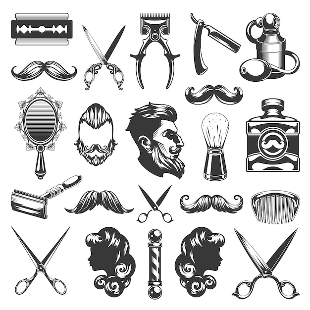 Vector suministros de corte de pelo y afeitado para conjunto de ilustraciones de vectores de barbería