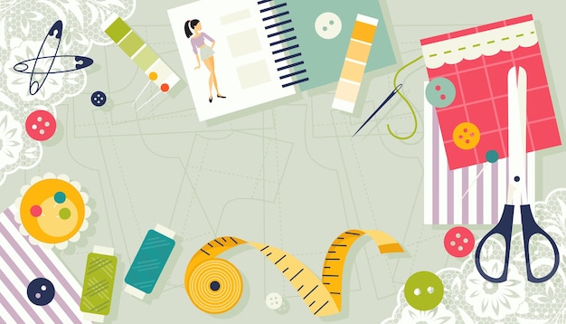 Suministros de costura Fondo de costurera de lugar de trabajo con lugar para texto