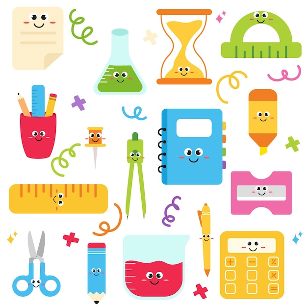 Suministros escolares de dibujos animados Kawaii colección de personajes sonrientes artículos escolares de estilo doodle plano