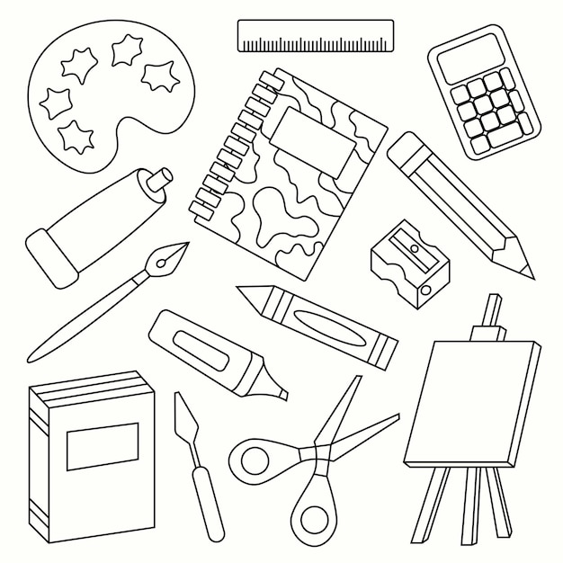 Suministros escolares, papelería, cuadernos, libros, bolígrafos, marcadores en estilo boceto