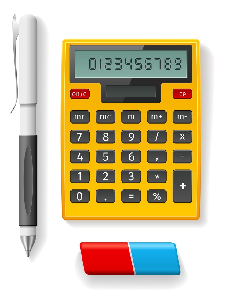 Vector suministros escolares realistas artículos de oficina calculadora realista lápiz y goma de borrar ferramentas comerciales o educativas accesorios de trabajo y estudio punto de bola automático conjunto de objetos aislados vectoriales