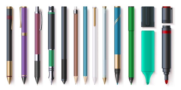 Suministros de escritura de oficina realistas, lápices, bolígrafos y marcadores. resaltador, lápiz de grafito con goma de borrar. conjunto de vectores de herramientas de papelería escolar