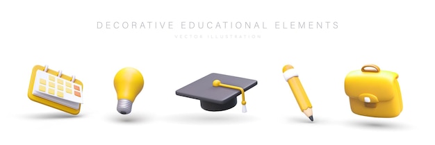 Suministros para estudiantes Conjunto de ilustraciones isométricas para aplicaciones de sitios educativos Iconos 3D lindos Calendario bombilla sombrero de graduado bolso de lápiz