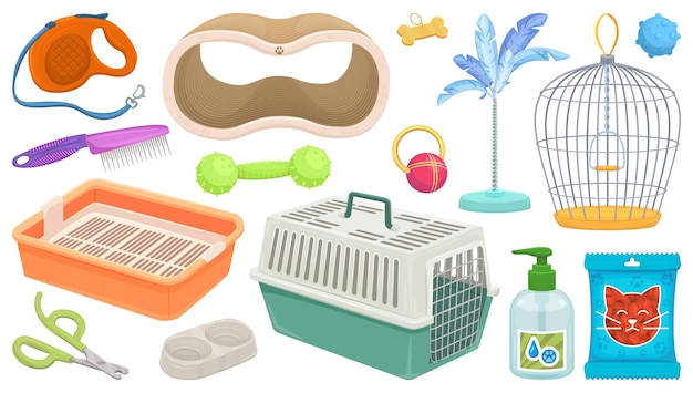 Suministros para mascotas Productos de compras veterinarias artículos de accesorios para mascitas kit para perros y gatos animales domésticos tratamientos juguetes comida para cachorros pelota champú correa dibujos animados ilustración vectorial decente