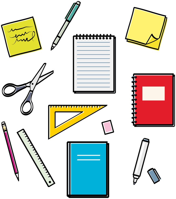 Suministros de oficina artículos de papelería: notas adhesivas, bolígrafo, lápiz, tijeras, cuadernos