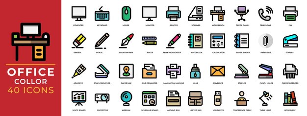 Suministros de oficina lineales Conjunto de iconos colección de símbolos vectoriales o bocetos