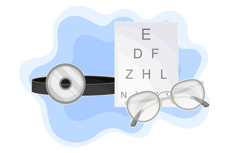 Vector suministros oftalmológicos con gafas y diagrama ocular para la composición vectorial de detección de la visión