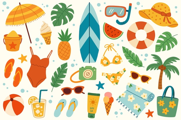 Summer beach sticker set Flat hand drawn illustration