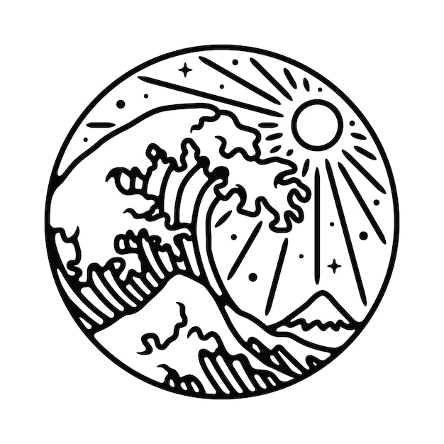 Summer Beach The Great Wave Line Ilustración gráfica Arte vectorial Diseño de camiseta