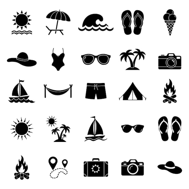 Summer Beach Vacation Silhouette Icon Set