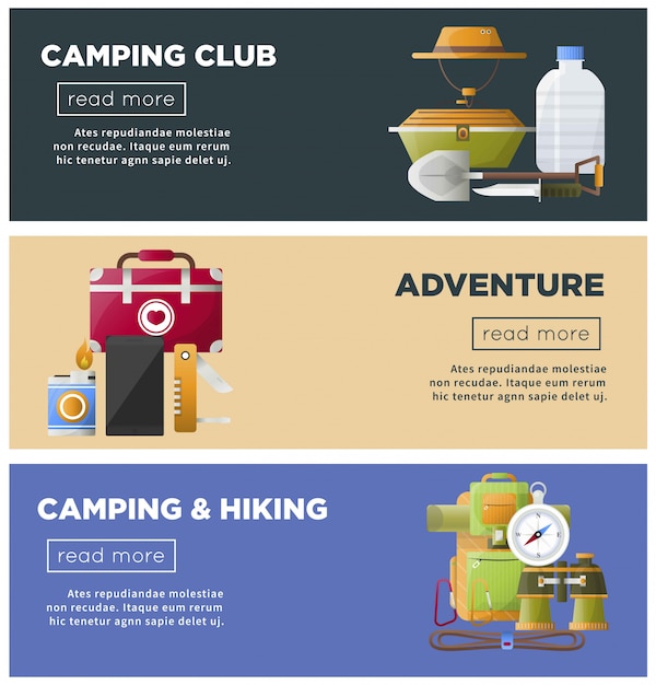 Summer camp club vector camping web banners plantilla