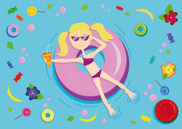 Summer Happy Girl en la piscina en un anillo inflable toma una bebida de dulces de frutas de descanso