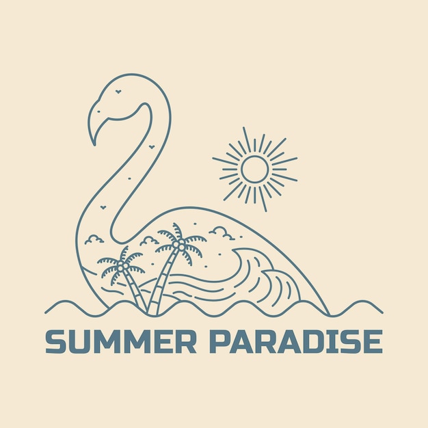 Summer paradise flamingo mono line art para diseño camiseta insignia pegatina, etc.