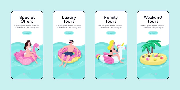 Summer sea tours onboarding plantilla de pantalla de la aplicación móvil. Ofertas especiales, tours premium. Paso a paso del sitio web con personajes. UX, UI, GUI interfaz de dibujos animados de teléfonos inteligentes, conjunto de impresiones de casos