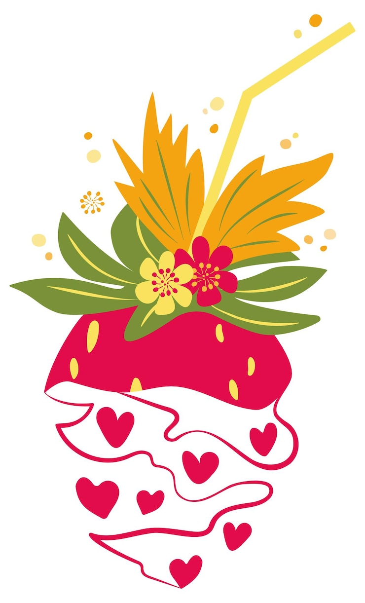 Vector summer strawberry cocktail with straw decorated with flowers and leaves vector isolated stylized dr