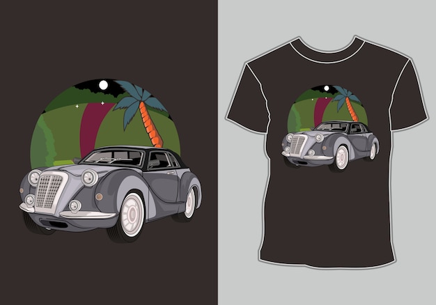 Summer t shirt design classic, vintage, retro car in beach