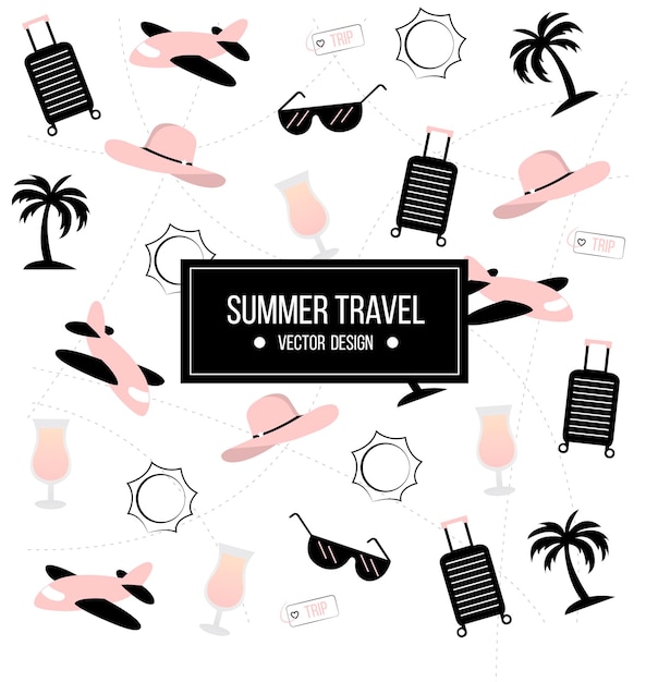 Summer travel girl vacations con fashion pink elements vector collection con