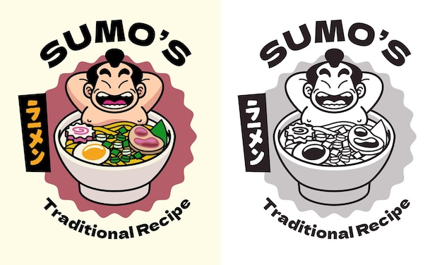 Sumo Mascot Ramen Cartoon Logo Conjunto Palabra Japonesa Significa Ramen