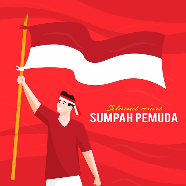 Vector sumpah pemuda con hombre sosteniendo bandera