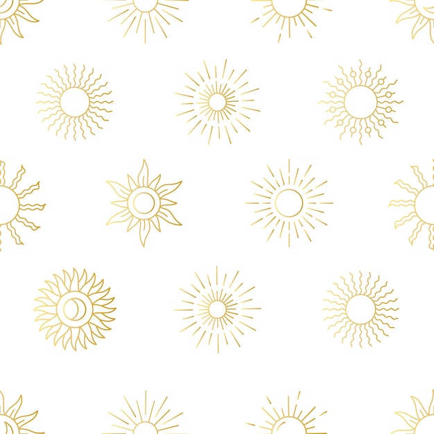 Sun boho patrón Art deco brillo dorado viga de línea mínima o estallido de sol oro retro luces de verano círculo geométrico estrellas papel de envoltura textil de decoración fondo sin costuras vectorial