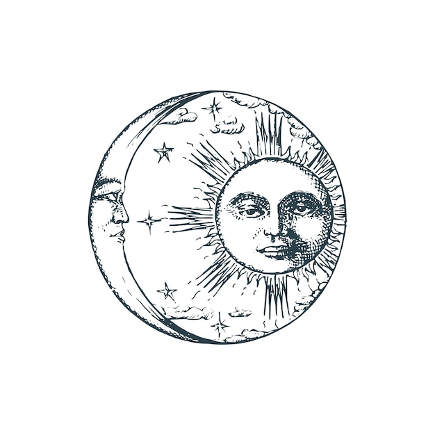 Sun crescent en estilo de grabado dibujo vectorial