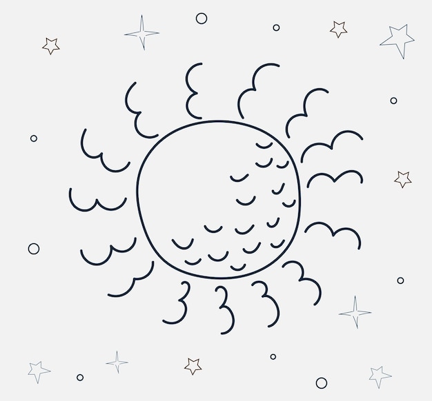 Sun doodle dibujo en vector de fondo de cielo estrellado