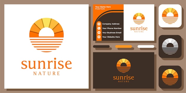 Vector sun sunrise sunset sunshine solar naturaleza paisaje playa mar diseño de logotipo con plantilla de tarjeta de visita